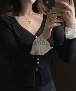 パールボタンレーススリーブカーディガン BLACK