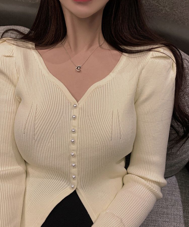 パールボタンレーススリーブカーディガン｜カーディガン｜韓国