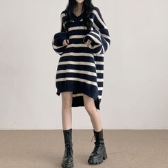 ストライプVネックボリュームニットワンピース｜ミニワンピース｜韓国
