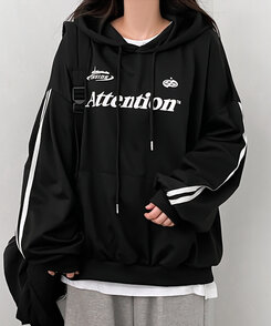 Attentionプリントラインスリーブスポーティーパーカー ブラック