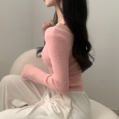 モヘアクロップオフショルダーニット PINK