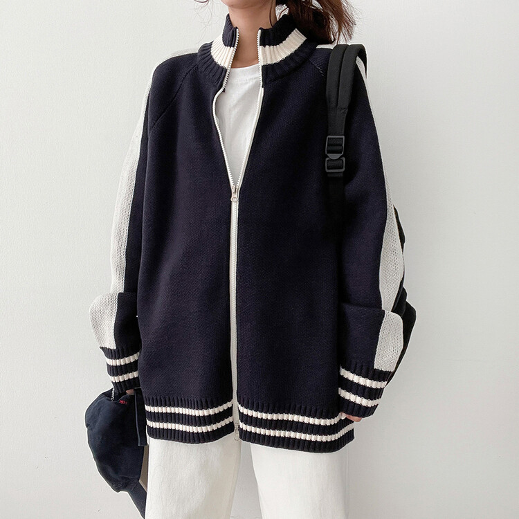 ラインスリーブハイネックロングビッグニットダブルジップアップ