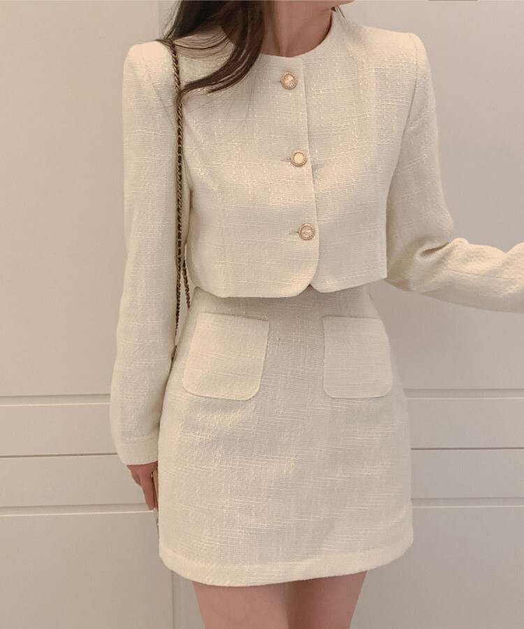 SET可能] クロップツイードノーカラージャケット ポケットツイードミニ