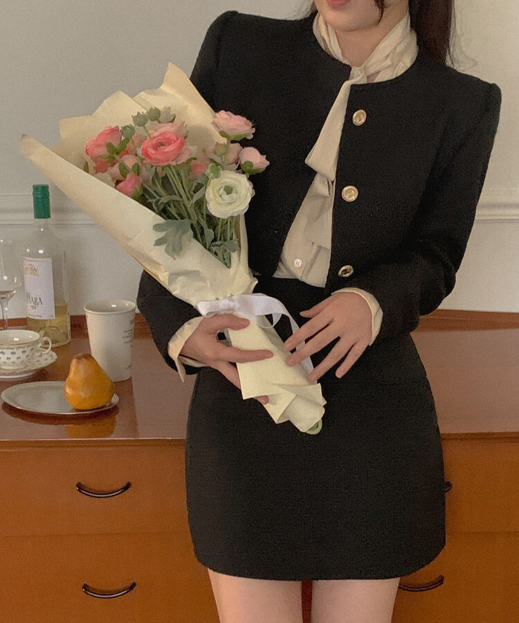 SET可能] クロップツイードノーカラージャケット ポケットツイードミニ