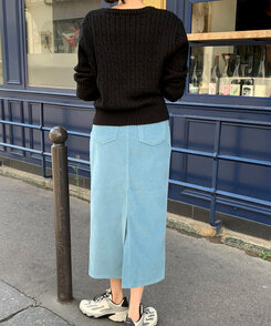 ミディ/ロングスカート コーデュロイスリット入りスカート Blue