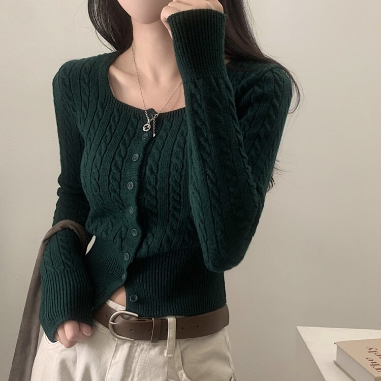스퀘어넥 케이블 어텀 꽈배기 크롭 니트 가디건 8color 그린