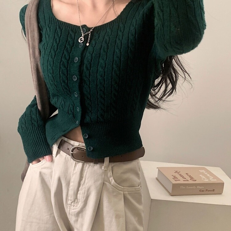 스퀘어넥 케이블 어텀 꽈배기 크롭 니트 가디건 8color 그린