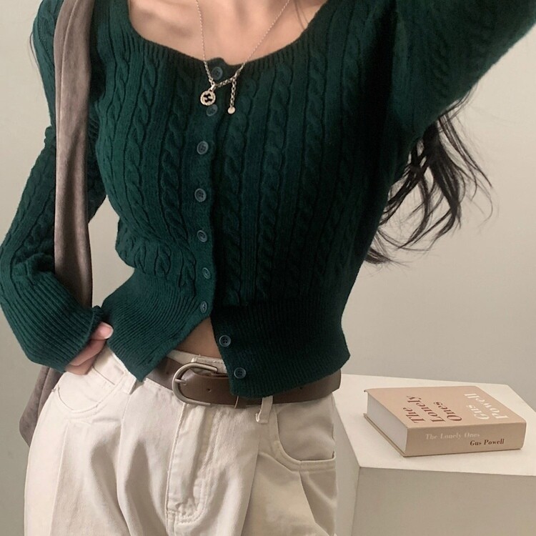 스퀘어넥 케이블 어텀 꽈배기 크롭 니트 가디건 8color 그린