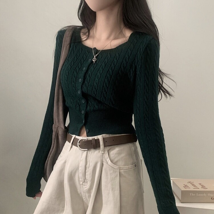 스퀘어넥 케이블 어텀 꽈배기 크롭 니트 가디건 8color 그린