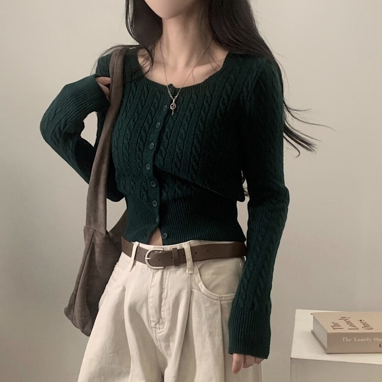 스퀘어넥 케이블 어텀 꽈배기 크롭 니트 가디건 8color 그린