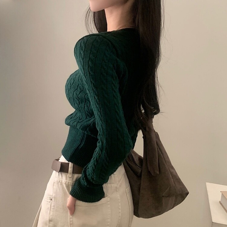 스퀘어넥 케이블 어텀 꽈배기 크롭 니트 가디건 8color 그린