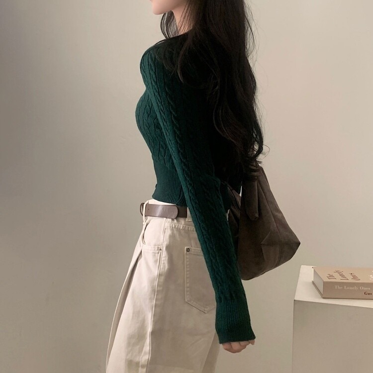 스퀘어넥 케이블 어텀 꽈배기 크롭 니트 가디건 8color 그린