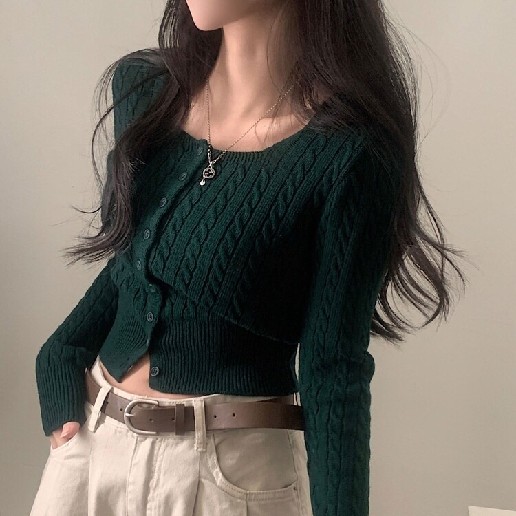 스퀘어넥 케이블 어텀 꽈배기 크롭 니트 가디건 8color 그린