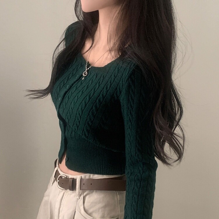 스퀘어넥 케이블 어텀 꽈배기 크롭 니트 가디건 8color 그린