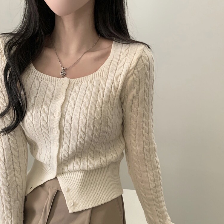 스퀘어넥 케이블 어텀 꽈배기 크롭 니트 가디건 8color 아이보리