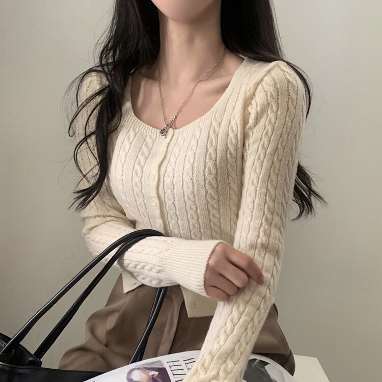 스퀘어넥 케이블 어텀 꽈배기 크롭 니트 가디건 8color 아이보리