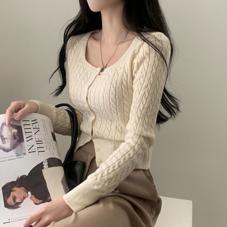 스퀘어넥 케이블 어텀 꽈배기 크롭 니트 가디건 8color 아이보리