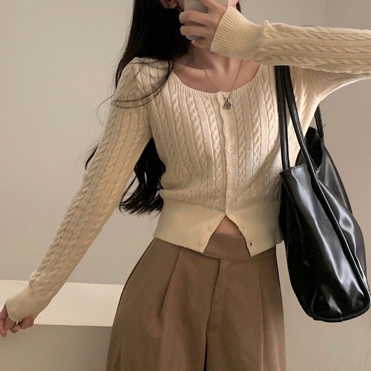 스퀘어넥 케이블 어텀 꽈배기 크롭 니트 가디건 8color 아이보리