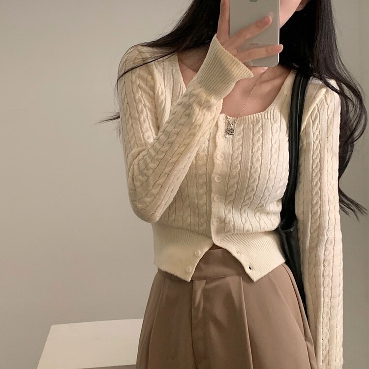 스퀘어넥 케이블 어텀 꽈배기 크롭 니트 가디건 8color 아이보리