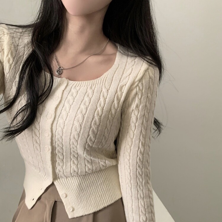 스퀘어넥 케이블 어텀 꽈배기 크롭 니트 가디건 8color 아이보리