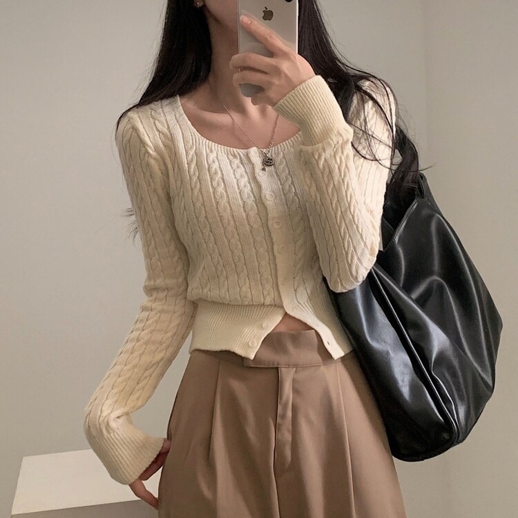 스퀘어넥 케이블 어텀 꽈배기 크롭 니트 가디건 8color 아이보리