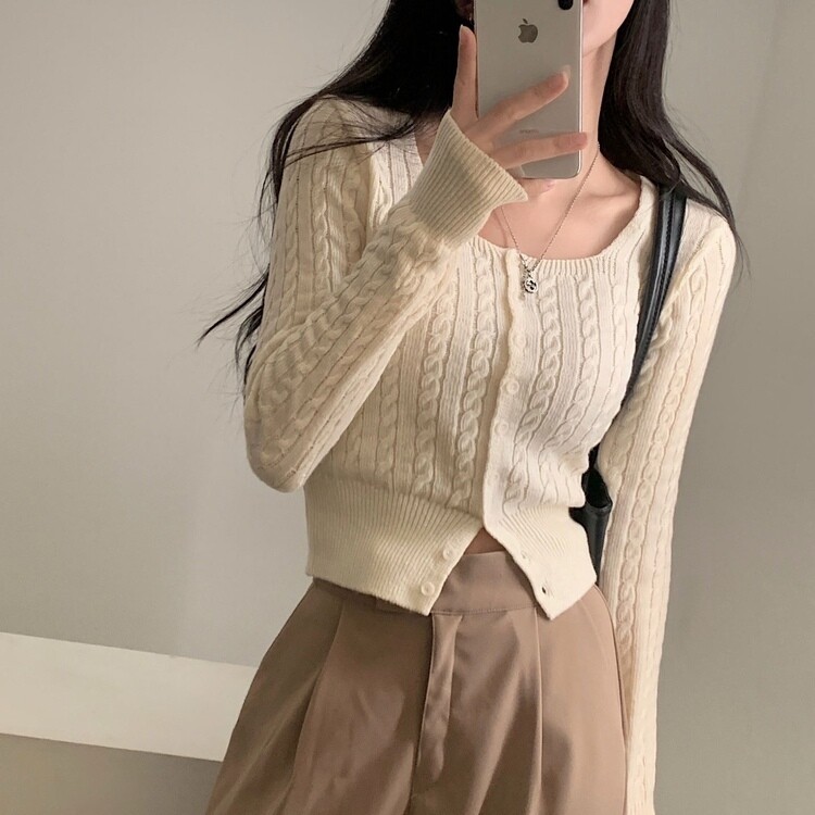 스퀘어넥 케이블 어텀 꽈배기 크롭 니트 가디건 8color 아이보리