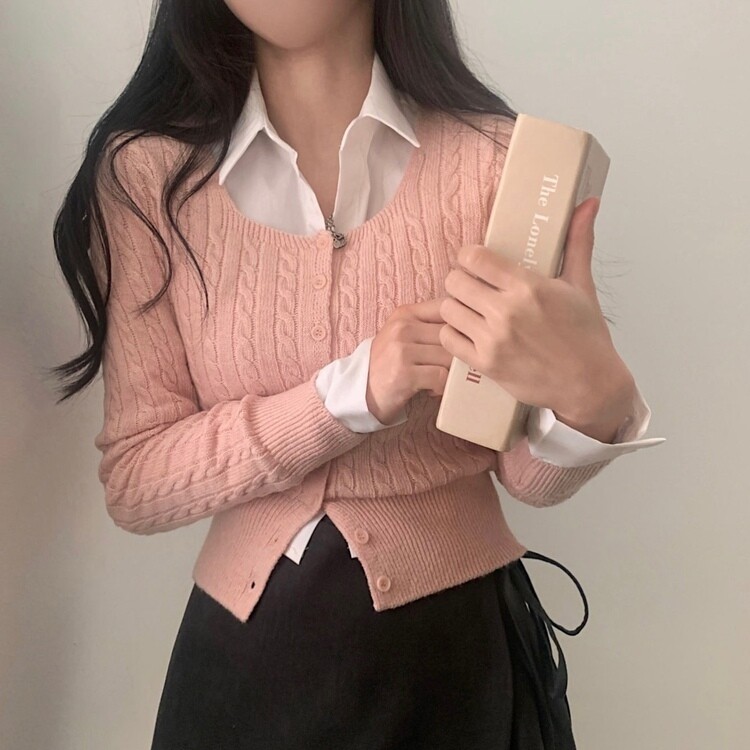스퀘어넥 케이블 어텀 꽈배기 크롭 니트 가디건 8color 핑크