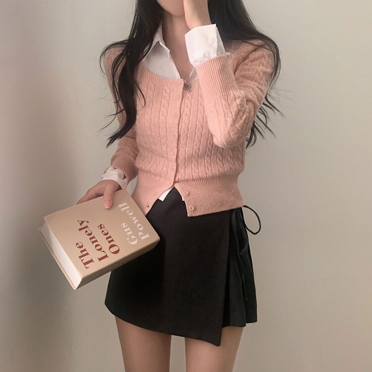 스퀘어넥 케이블 어텀 꽈배기 크롭 니트 가디건 8color 핑크
