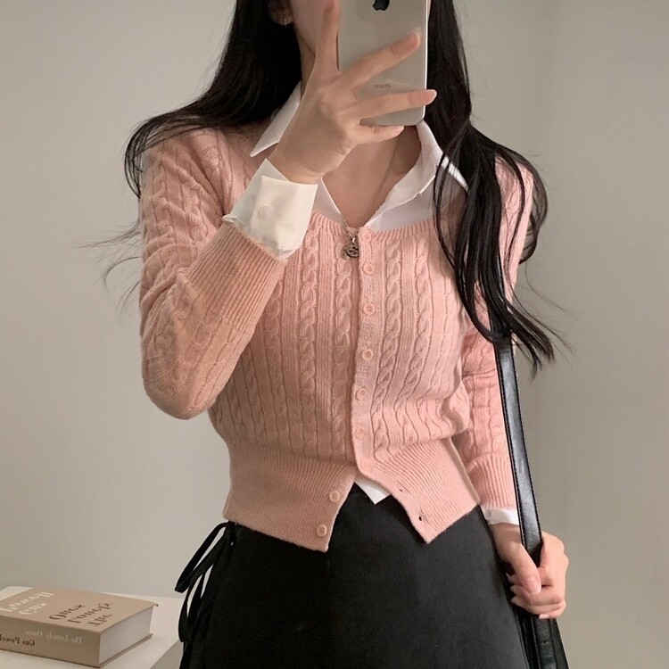 스퀘어넥 케이블 어텀 꽈배기 크롭 니트 가디건 8color 핑크