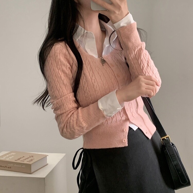 스퀘어넥 케이블 어텀 꽈배기 크롭 니트 가디건 8color 핑크