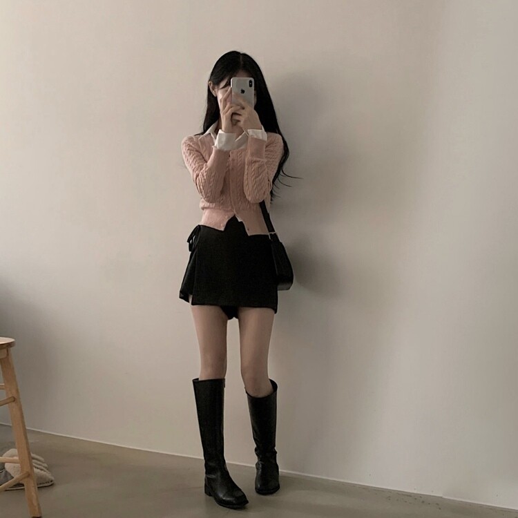 스퀘어넥 케이블 어텀 꽈배기 크롭 니트 가디건 8color 핑크