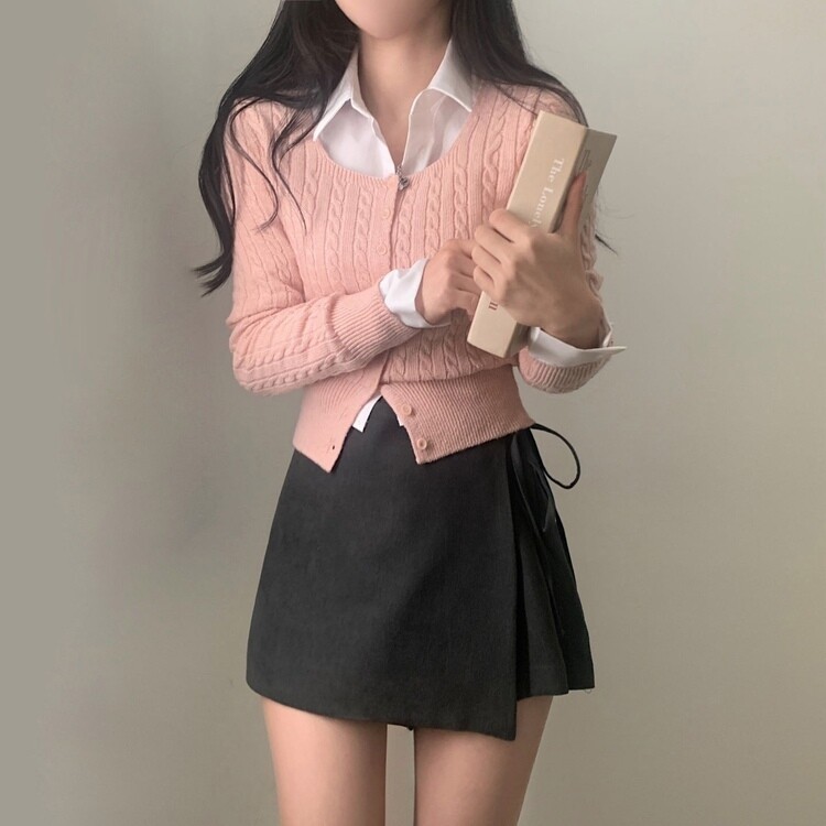 스퀘어넥 케이블 어텀 꽈배기 크롭 니트 가디건 8color 핑크