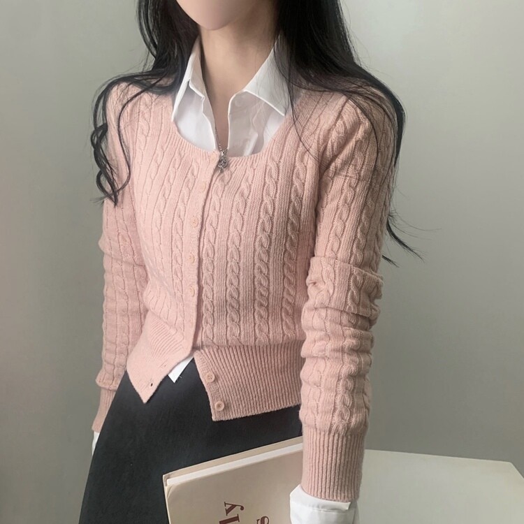 스퀘어넥 케이블 어텀 꽈배기 크롭 니트 가디건 8color 핑크