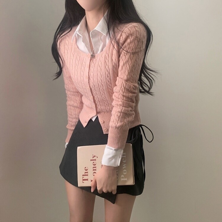 스퀘어넥 케이블 어텀 꽈배기 크롭 니트 가디건 8color 핑크