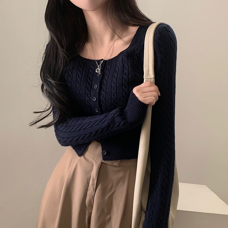 스퀘어넥 케이블 어텀 꽈배기 크롭 니트 가디건 8color 네이비