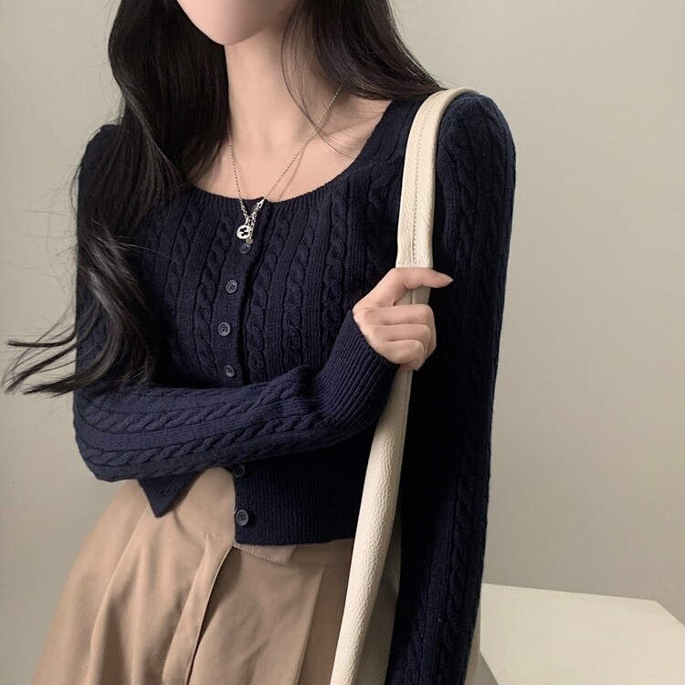 스퀘어넥 케이블 어텀 꽈배기 크롭 니트 가디건 8color 네이비