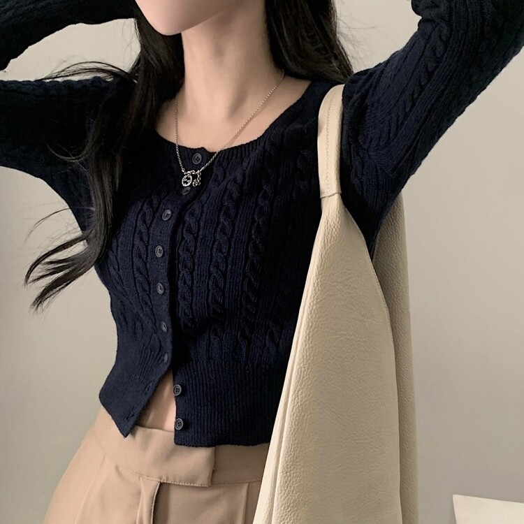 스퀘어넥 케이블 어텀 꽈배기 크롭 니트 가디건 8color 네이비