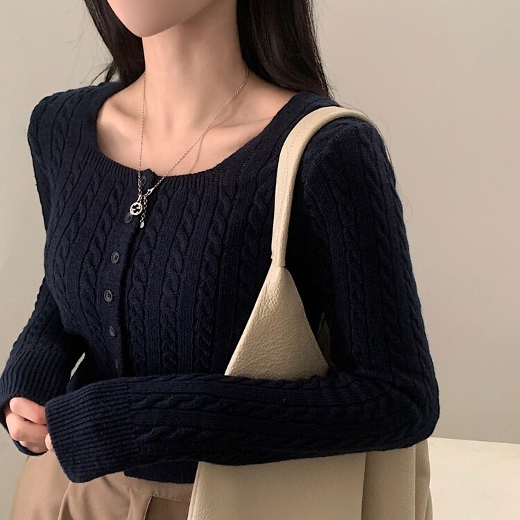 스퀘어넥 케이블 어텀 꽈배기 크롭 니트 가디건 8color 네이비