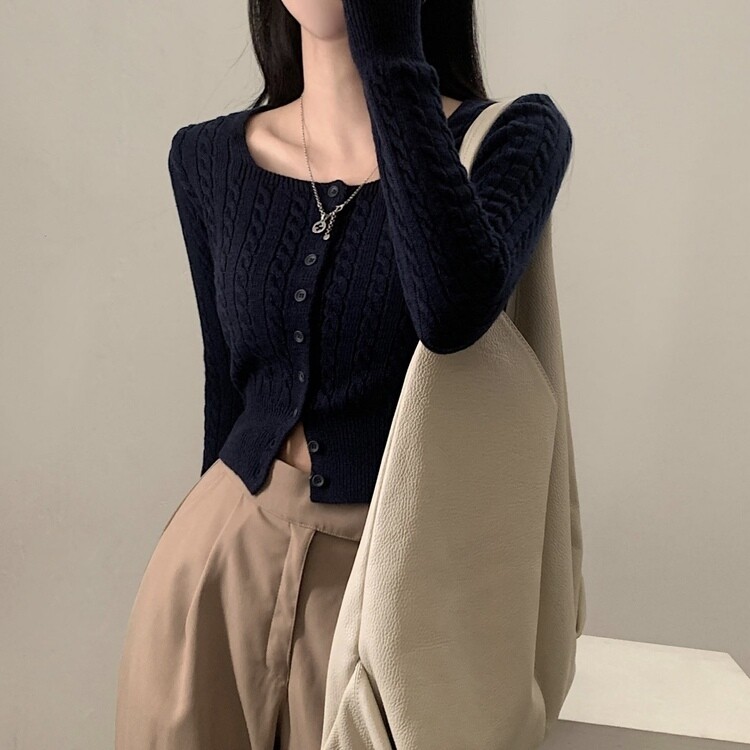 스퀘어넥 케이블 어텀 꽈배기 크롭 니트 가디건 8color 네이비