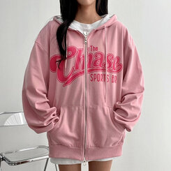 オーバーフィットレタリングフードダブルジップアップ｜ジャンパー