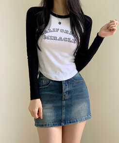 ヒドゥンボタンHラインウォッシングデニムミニスカート｜ミニ