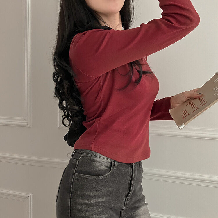 기장감좋은 투썸 밑단 굴림 긴팔 티셔츠 와인