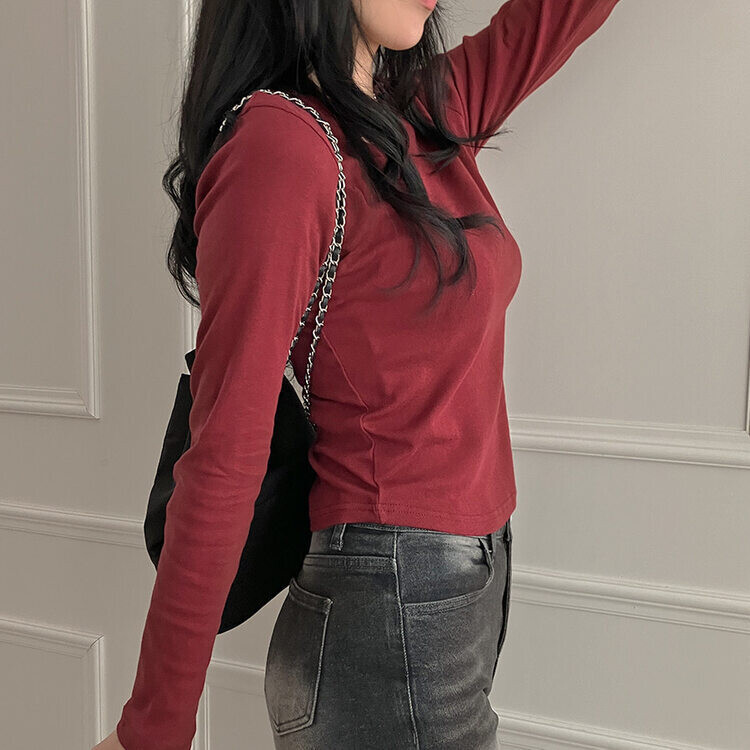 기장감좋은 투썸 밑단 굴림 긴팔 티셔츠 와인