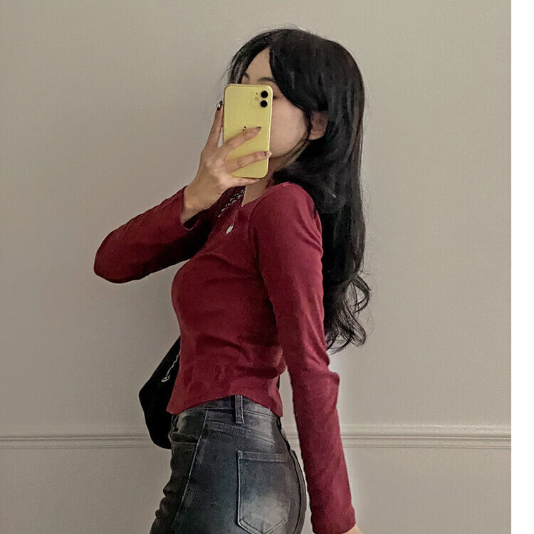 기장감좋은 투썸 밑단 굴림 긴팔 티셔츠 와인