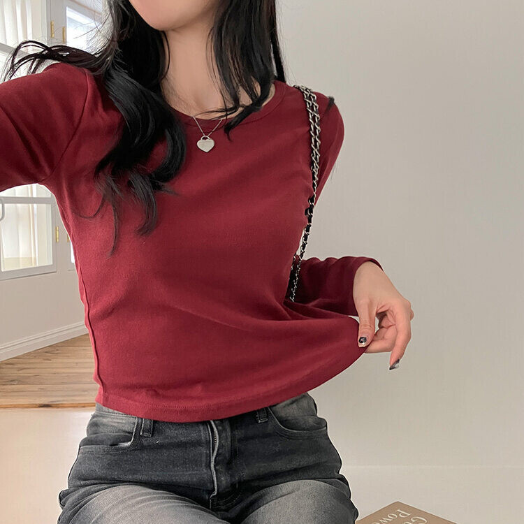 기장감좋은 투썸 밑단 굴림 긴팔 티셔츠 와인