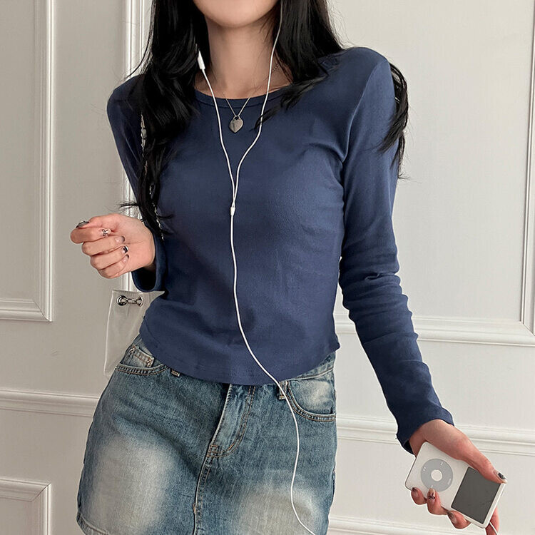 기장감좋은 투썸 밑단 굴림 긴팔 티셔츠 네이비