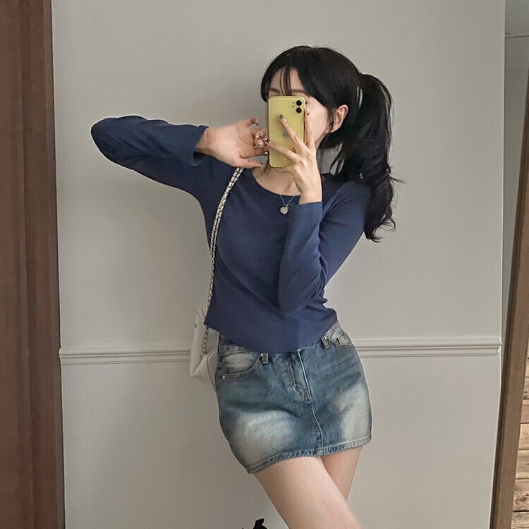 기장감좋은 투썸 밑단 굴림 긴팔 티셔츠 네이비