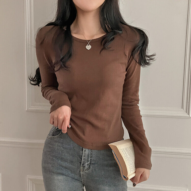 기장감좋은 투썸 밑단 굴림 긴팔 티셔츠 브라운