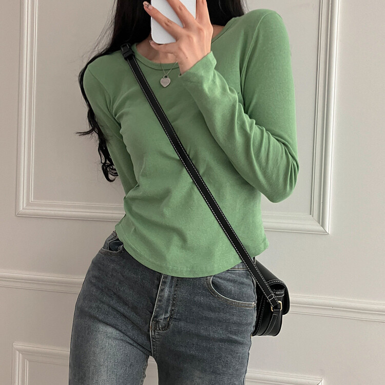 기장감좋은 투썸 밑단 굴림 긴팔 티셔츠 연두