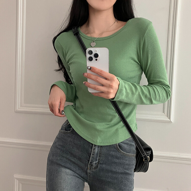 기장감좋은 투썸 밑단 굴림 긴팔 티셔츠 연두